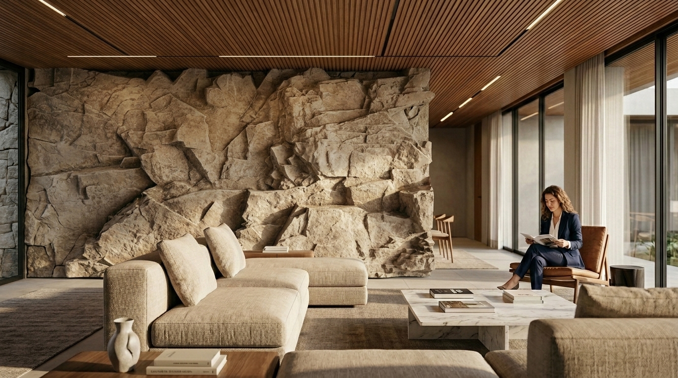 Sculptural stone installation in an autumn landscape